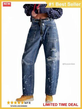 LifeShe Baggy Barrel Jeans Boyfriend Mid Rise Drawstring Wide Leg Denim Pants